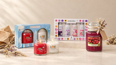 Duftkerzen-Geschenkset und Wäscheparfüm-Box mit Geschenkband – Duftkerze verschenken