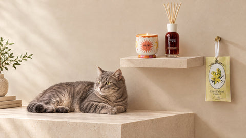 Katze auf Sideboard, Duftlampe und Diffuser außer Reichweite im Regal – Duftkerzen und Haustiere